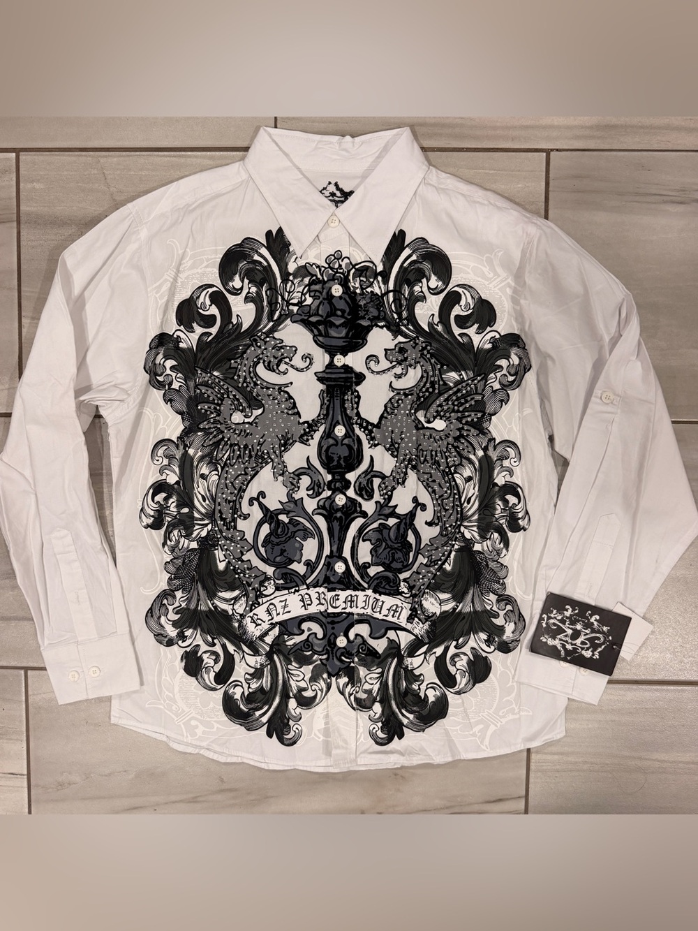 Men’s White Button-Up Shirt with Black Ornate Crest